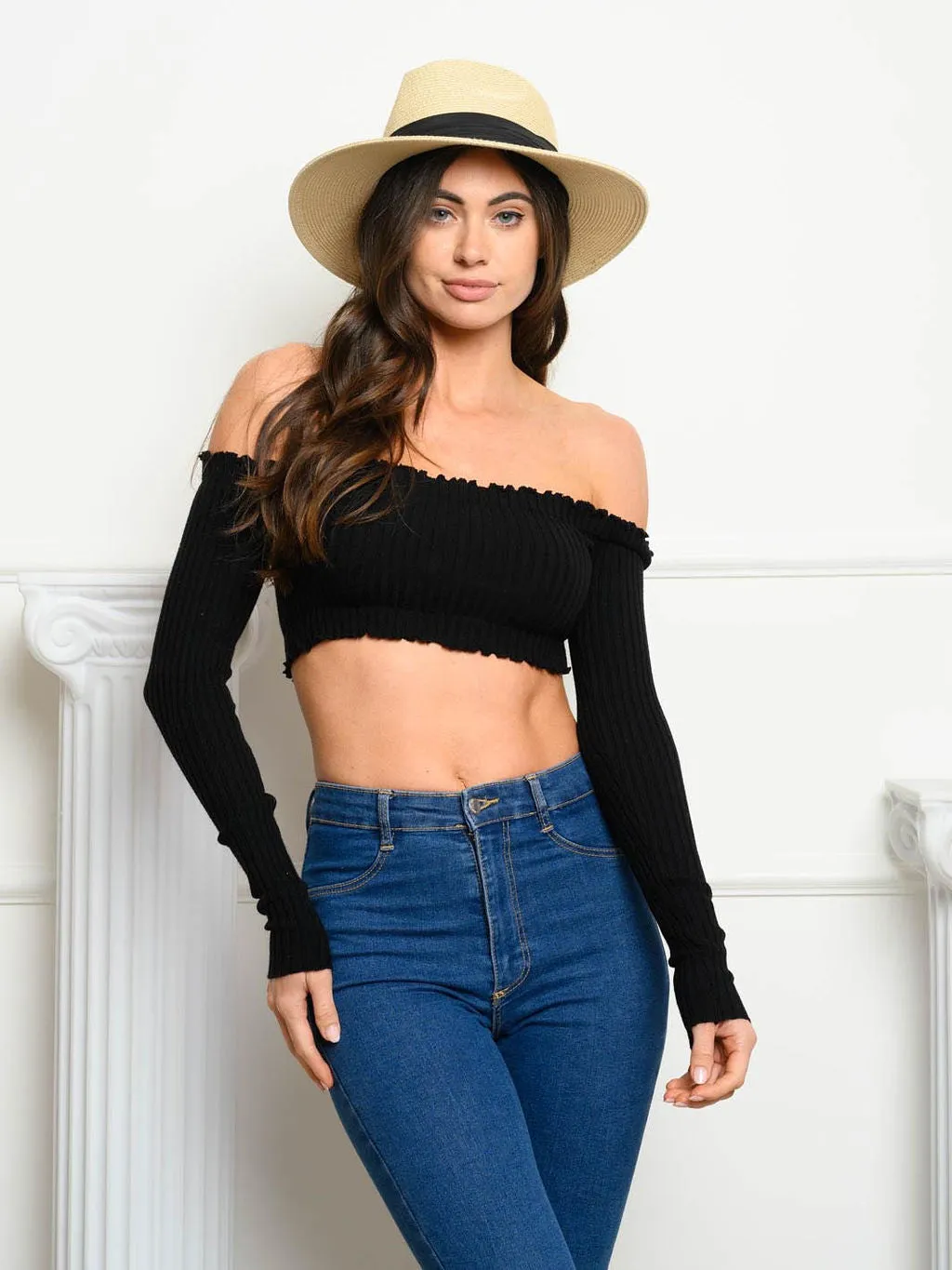 WOMEN'S LONG SLEEVE OFF SHOULDER SMOCK CROP TOP