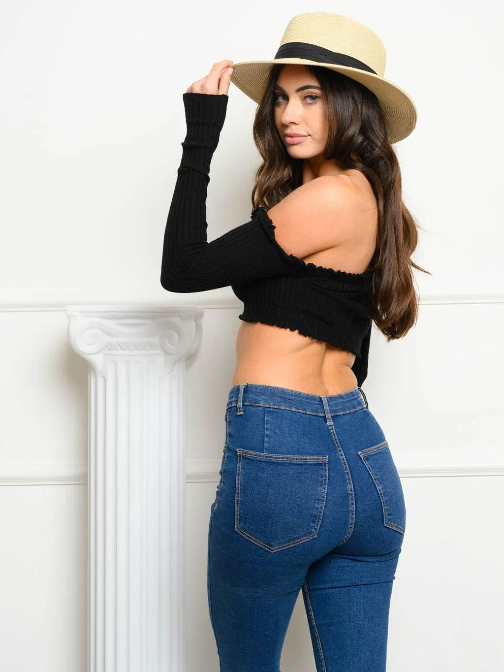 WOMEN'S LONG SLEEVE OFF SHOULDER SMOCK CROP TOP