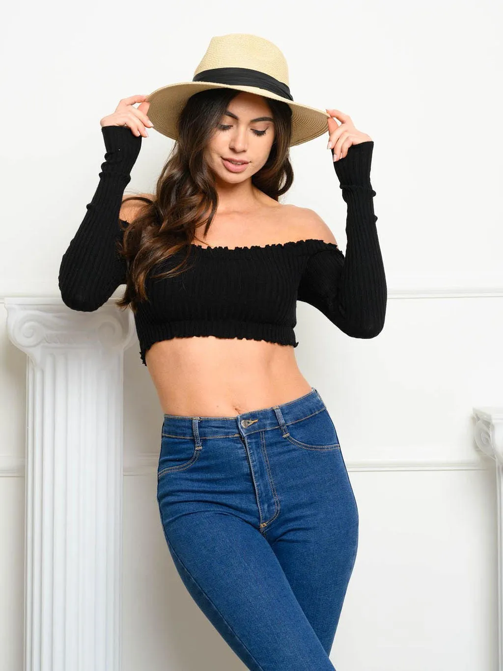 WOMEN'S LONG SLEEVE OFF SHOULDER SMOCK CROP TOP