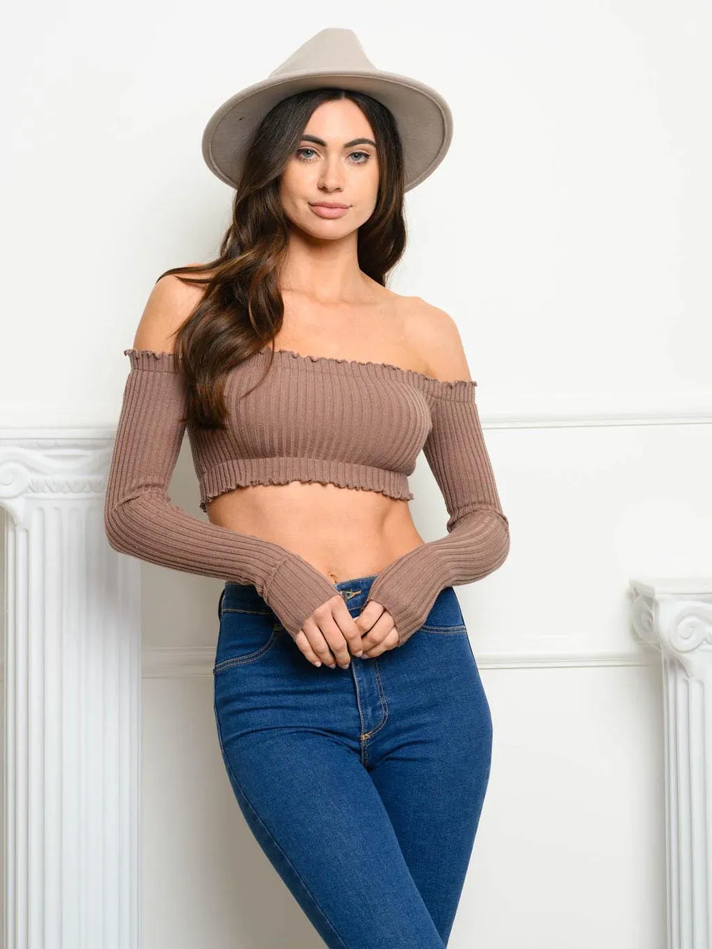 WOMEN'S LONG SLEEVE OFF SHOULDER SMOCK CROP TOP