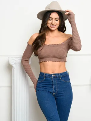 WOMEN'S LONG SLEEVE OFF SHOULDER SMOCK CROP TOP