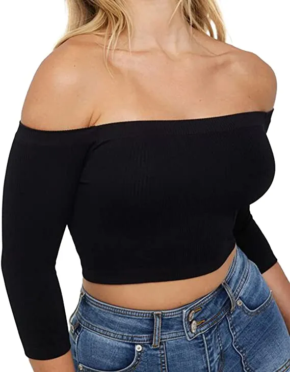 Women's Off Shoulder 3/4 Sleeve Top Tees Sexy Slim Fitted Ribbed Knit Crop Shirts