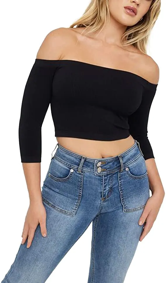 Women's Off Shoulder 3/4 Sleeve Top Tees Sexy Slim Fitted Ribbed Knit Crop Shirts