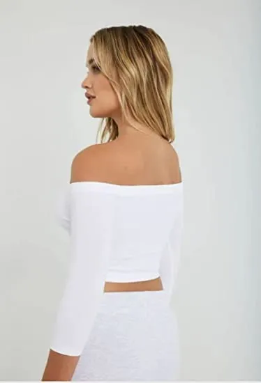 Women's Off Shoulder 3/4 Sleeve Top Tees Sexy Slim Fitted Ribbed Knit Crop Shirts