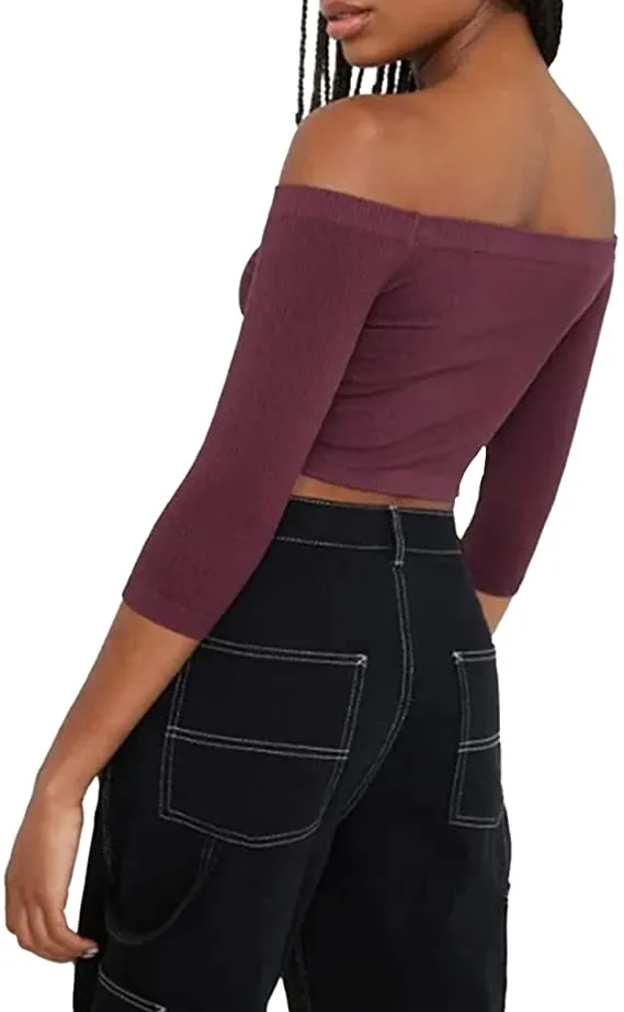 Women's Off Shoulder 3/4 Sleeve Top Tees Sexy Slim Fitted Ribbed Knit Crop Shirts