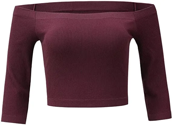 Women's Off Shoulder 3/4 Sleeve Top Tees Sexy Slim Fitted Ribbed Knit Crop Shirts