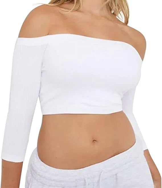 Women's Off Shoulder 3/4 Sleeve Top Tees Sexy Slim Fitted Ribbed Knit Crop Shirts