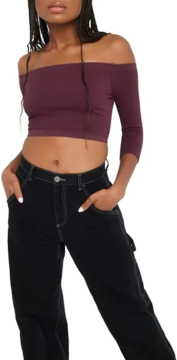 Women's Off Shoulder 3/4 Sleeve Top Tees Sexy Slim Fitted Ribbed Knit Crop Shirts