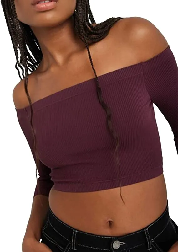 Women's Off Shoulder 3/4 Sleeve Top Tees Sexy Slim Fitted Ribbed Knit Crop Shirts