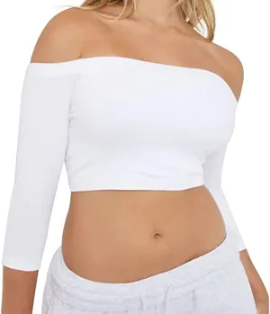Women's Off Shoulder 3/4 Sleeve Top Tees Sexy Slim Fitted Ribbed Knit Crop Shirts