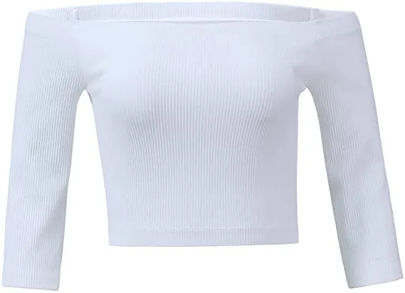 Women's Off Shoulder 3/4 Sleeve Top Tees Sexy Slim Fitted Ribbed Knit Crop Shirts
