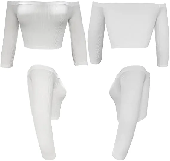 Women's Off Shoulder 3/4 Sleeve Top Tees Sexy Slim Fitted Ribbed Knit Crop Shirts