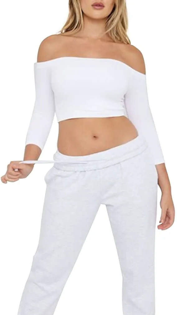 Women's Off Shoulder 3/4 Sleeve Top Tees Sexy Slim Fitted Ribbed Knit Crop Shirts