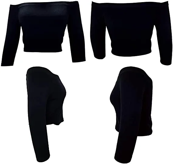 Women's Off Shoulder 3/4 Sleeve Top Tees Sexy Slim Fitted Ribbed Knit Crop Shirts