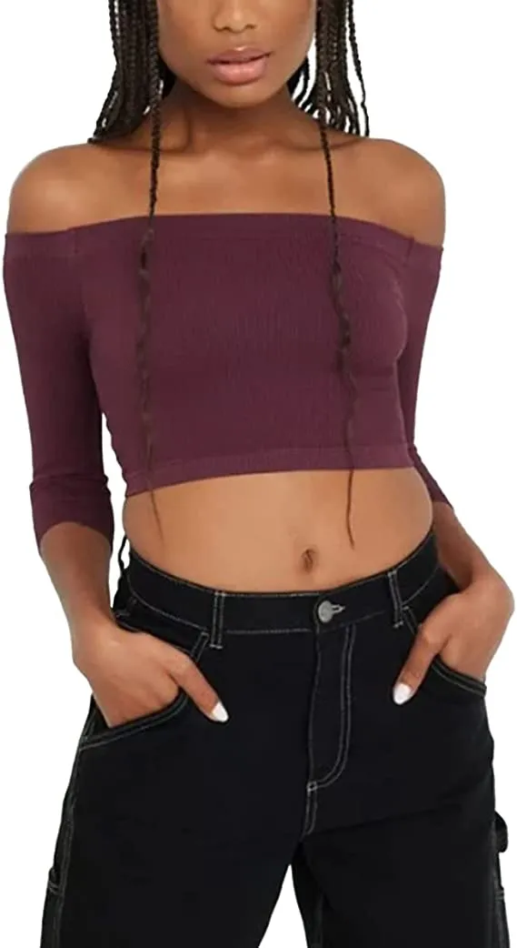 Women's Off Shoulder 3/4 Sleeve Top Tees Sexy Slim Fitted Ribbed Knit Crop Shirts