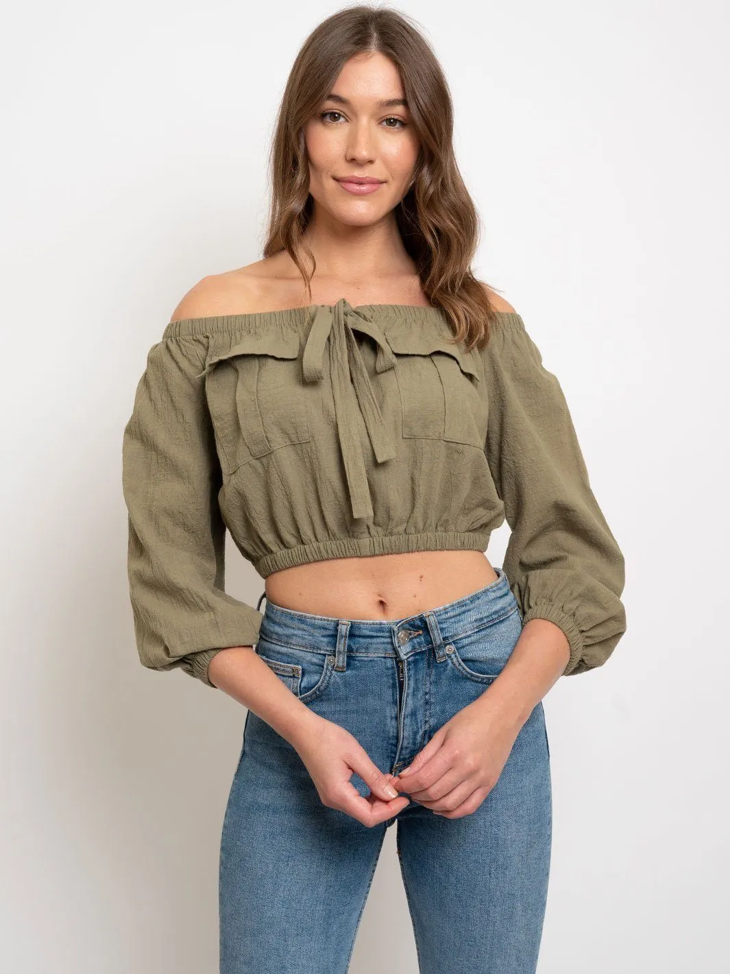 WOMEN'S OFF SHOULDER LONG SLEEVE CROP TOP