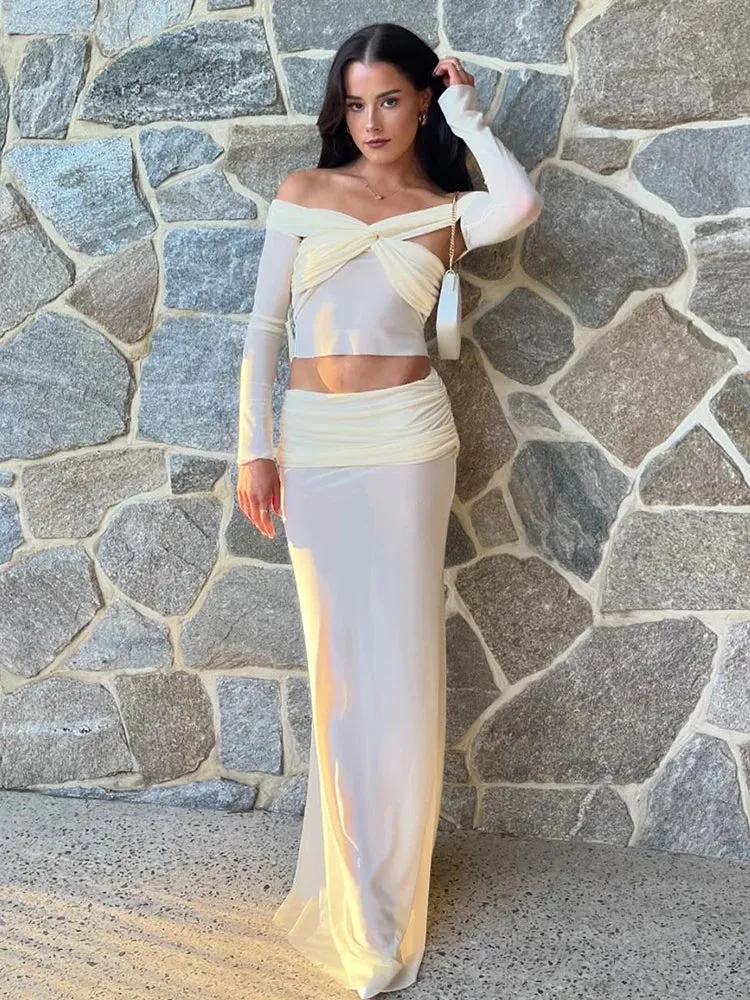 Women’s Off-Shoulder Sheer Long Sleeve Crop Top and Skirt Set