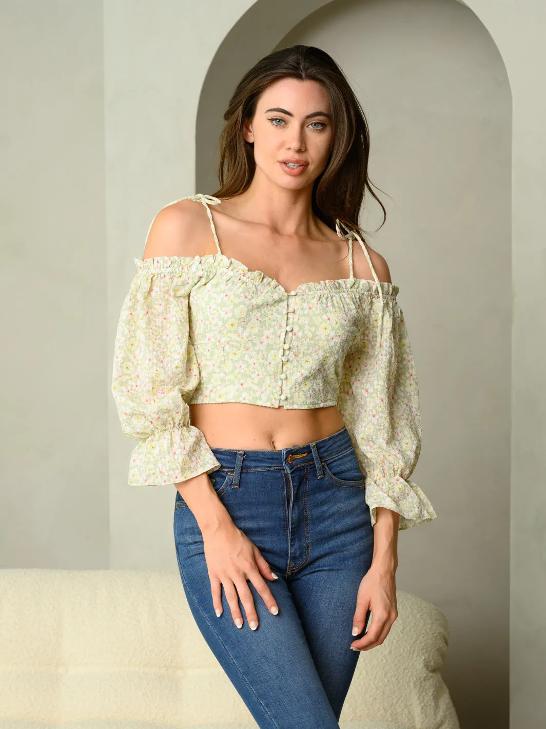 WOMEN'S OFF SHOULDER  V-NECK FLORAL CROP TOP