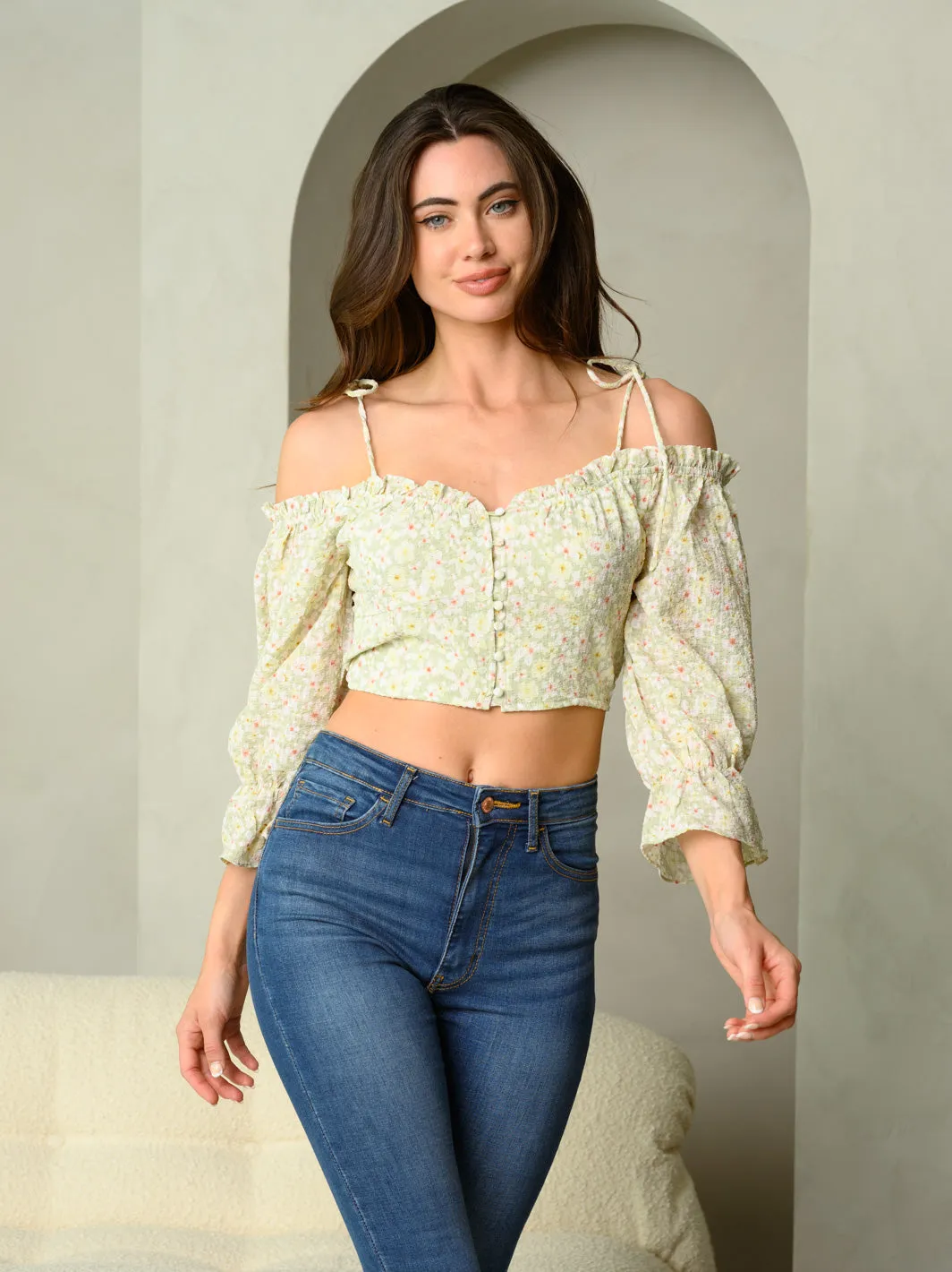 WOMEN'S OFF SHOULDER  V-NECK FLORAL CROP TOP