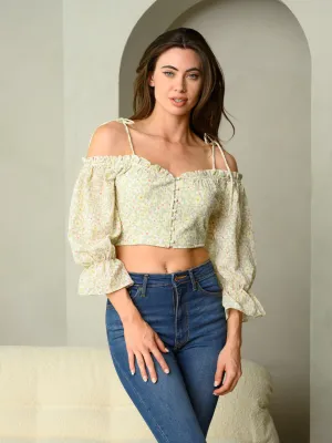 WOMEN'S OFF SHOULDER  V-NECK FLORAL CROP TOP