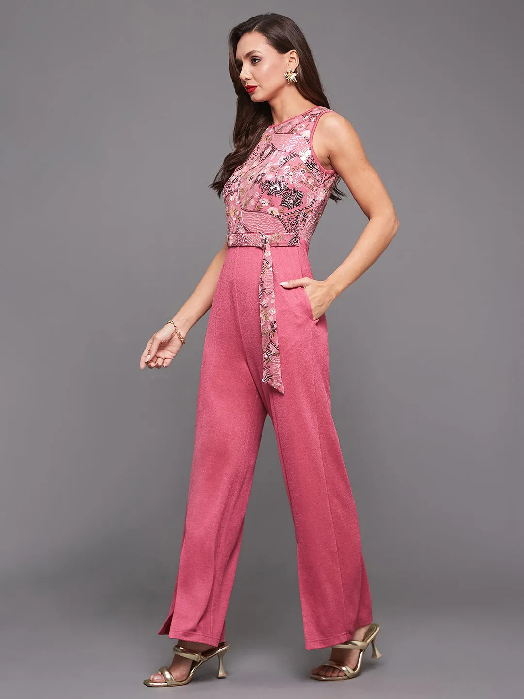 Women's Pink Round Neck Sleeveless Embroidered Straight Leg Jumpsuit