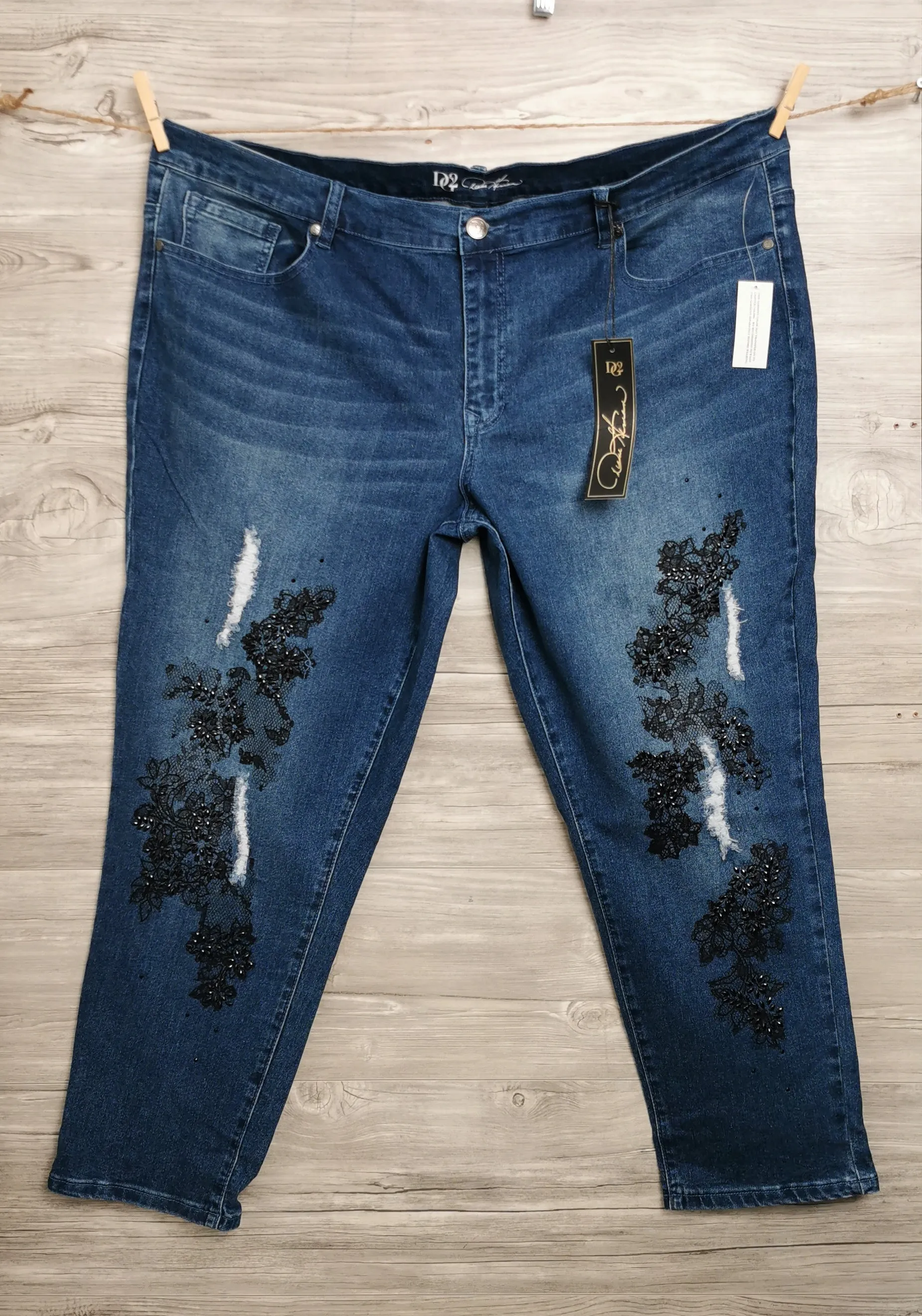 WOMENS PLUS SIZE 24 PETITE - DG2 By Diane Gilman, Bohemian Lace Embroidered Stretchy Jeans NWT B27