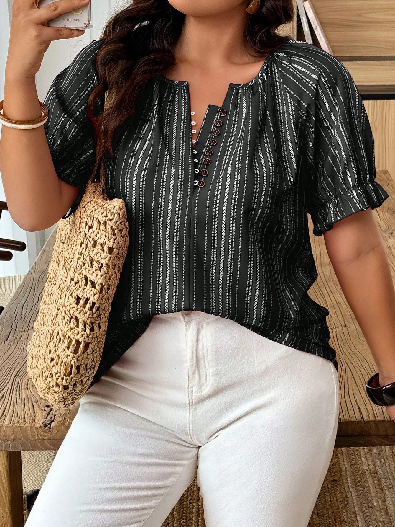 women's Plus Size Casual Striped Print Short Sleeve Shirt