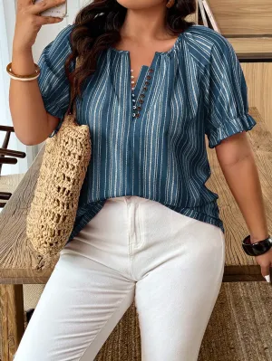 women's Plus Size Casual Striped Print Short Sleeve Shirt