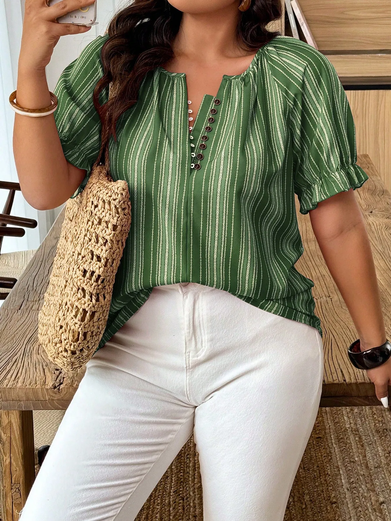 women's Plus Size Casual Striped Print Short Sleeve Shirt