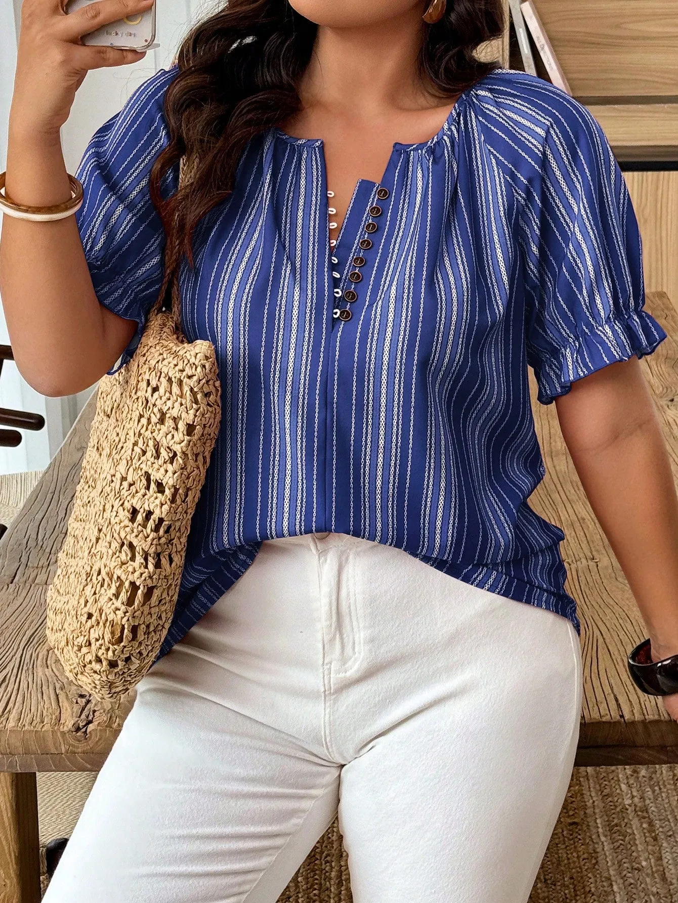 women's Plus Size Casual Striped Print Short Sleeve Shirt