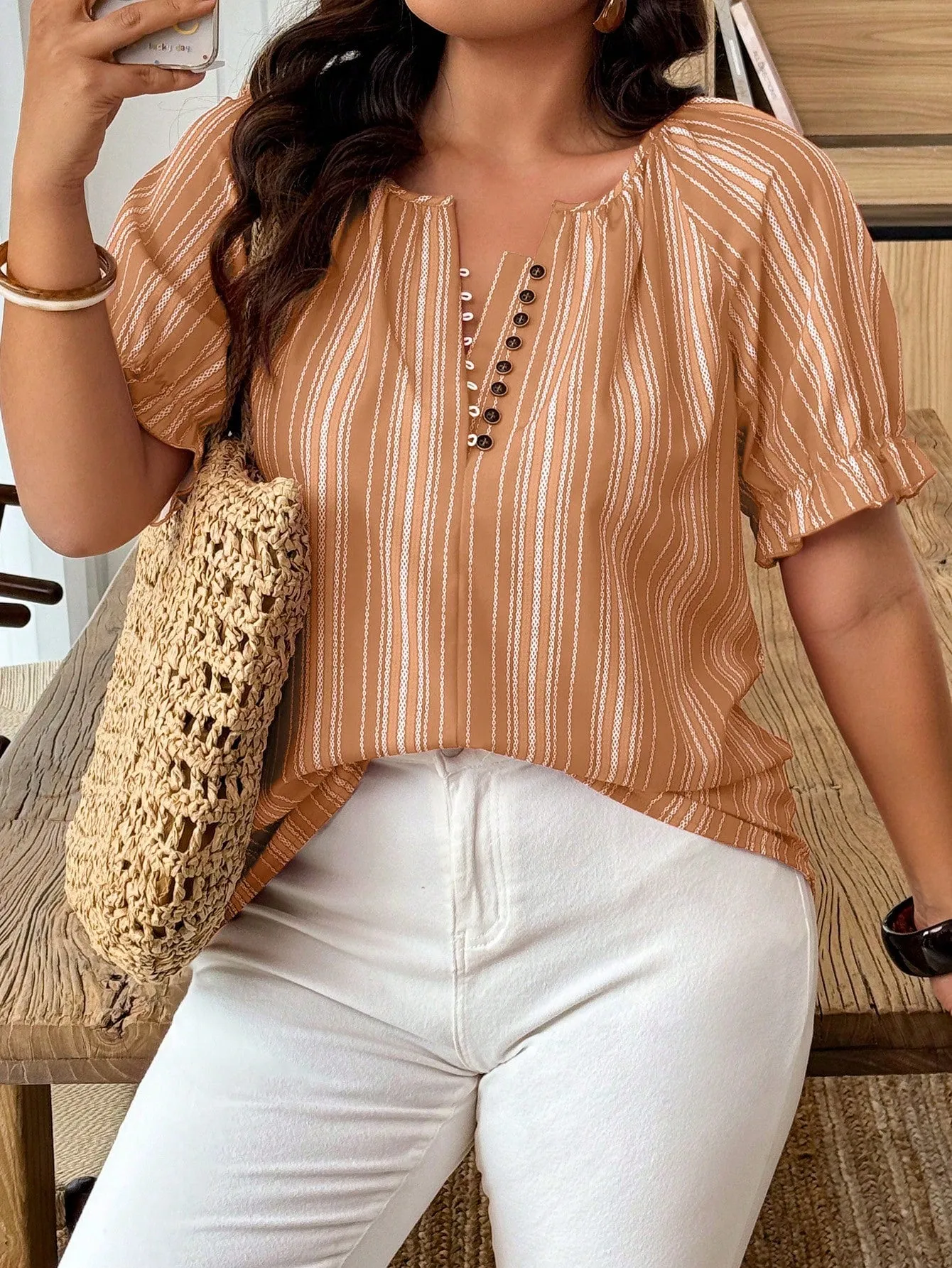 women's Plus Size Casual Striped Print Short Sleeve Shirt