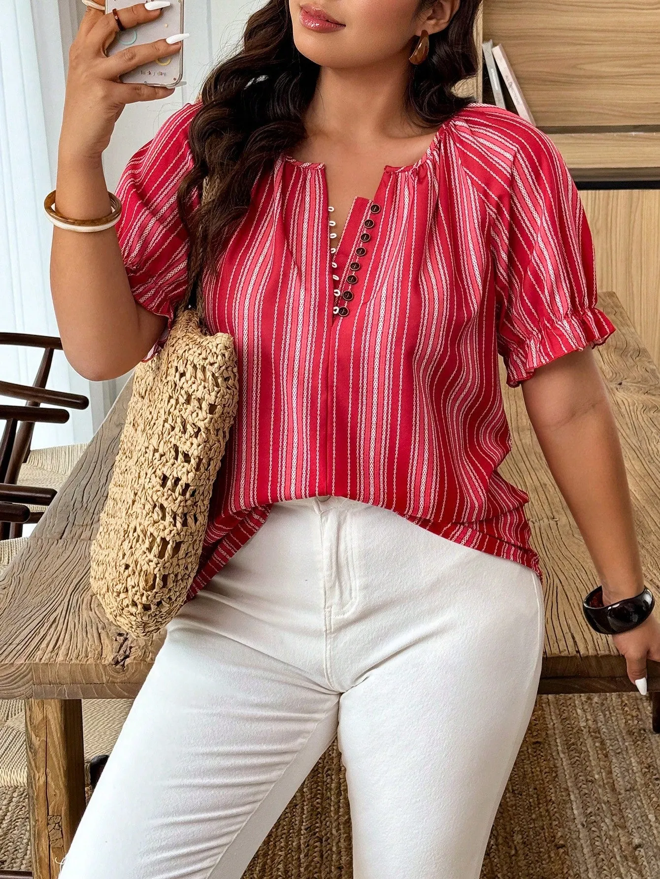 women's Plus Size Casual Striped Print Short Sleeve Shirt