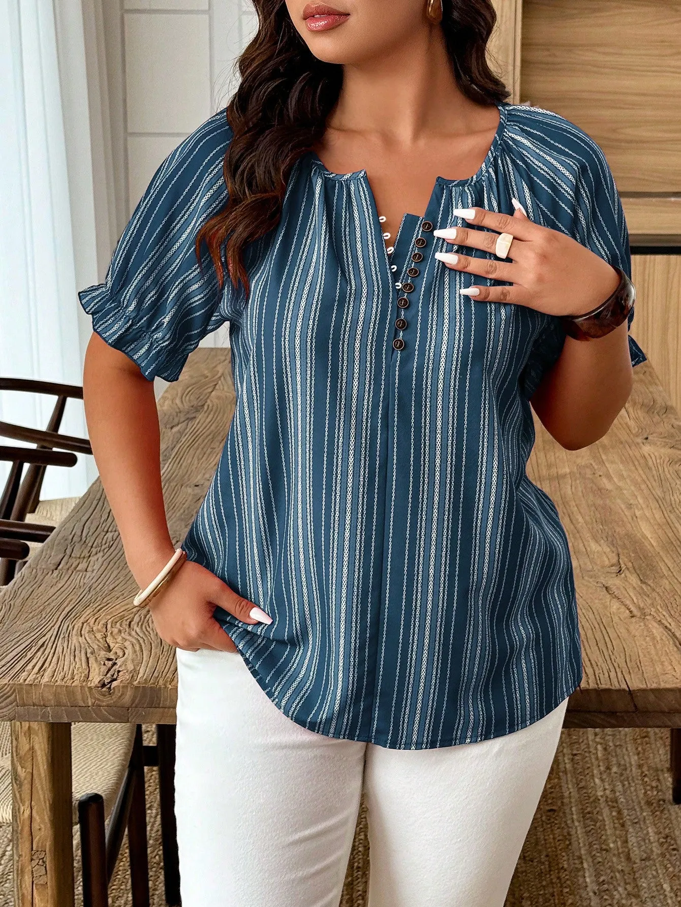 women's Plus Size Casual Striped Print Short Sleeve Shirt