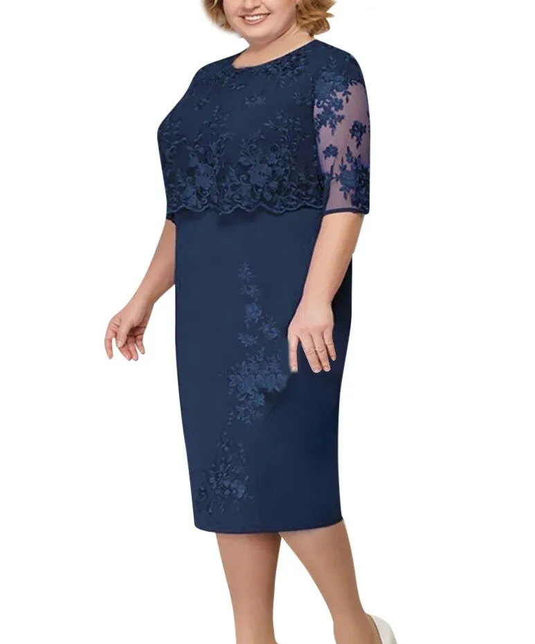 Women's Plus Size Lace Evening Party Dress Elegant Mother of the Bride Dress Round Neck Wedding Guest Dress