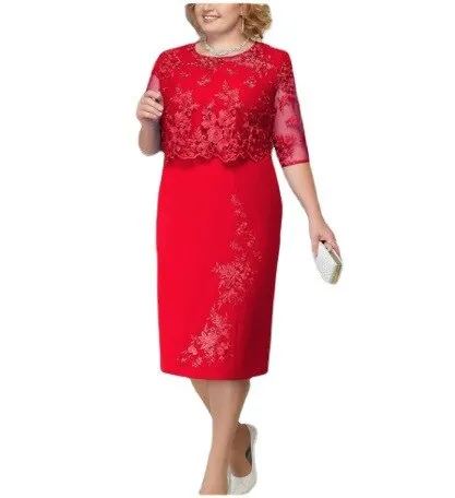 Women's Plus Size Lace Evening Party Dress Elegant Mother of the Bride Dress Round Neck Wedding Guest Dress