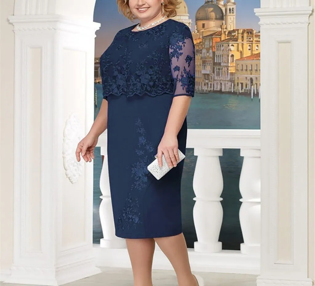 Women's Plus Size Lace Evening Party Dress Elegant Mother of the Bride Dress Round Neck Wedding Guest Dress