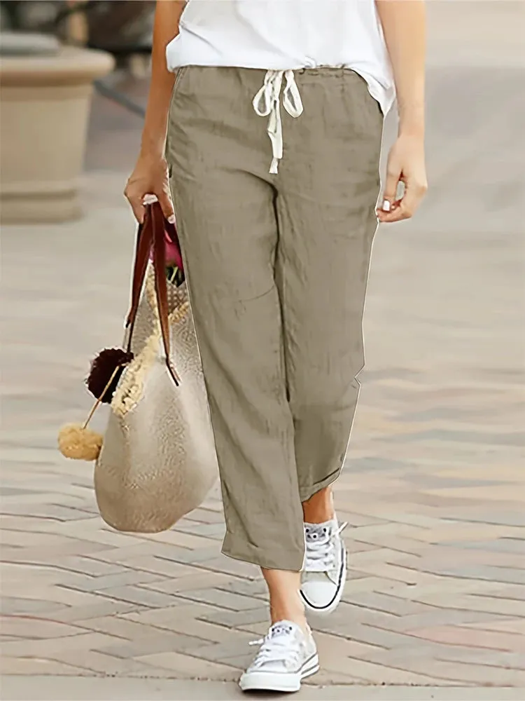 women's Plus Size With Pockets Women's Travel Pants Cotton Linen Nine Women's Casual Pants Casual Loose Solid Color Lace Up