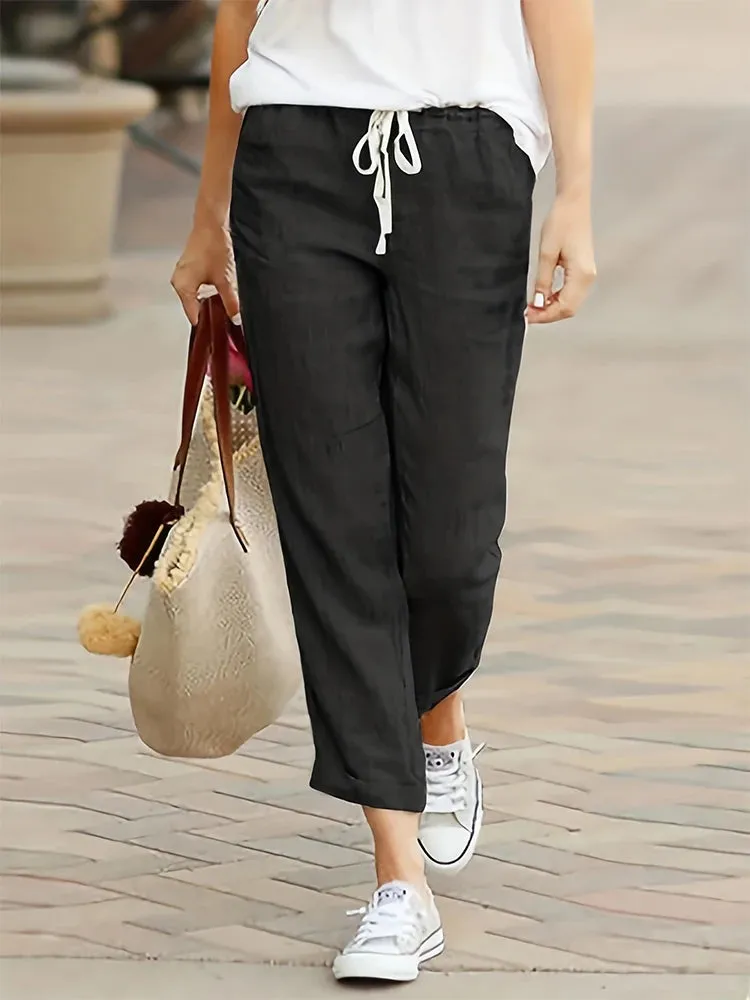 women's Plus Size With Pockets Women's Travel Pants Cotton Linen Nine Women's Casual Pants Casual Loose Solid Color Lace Up