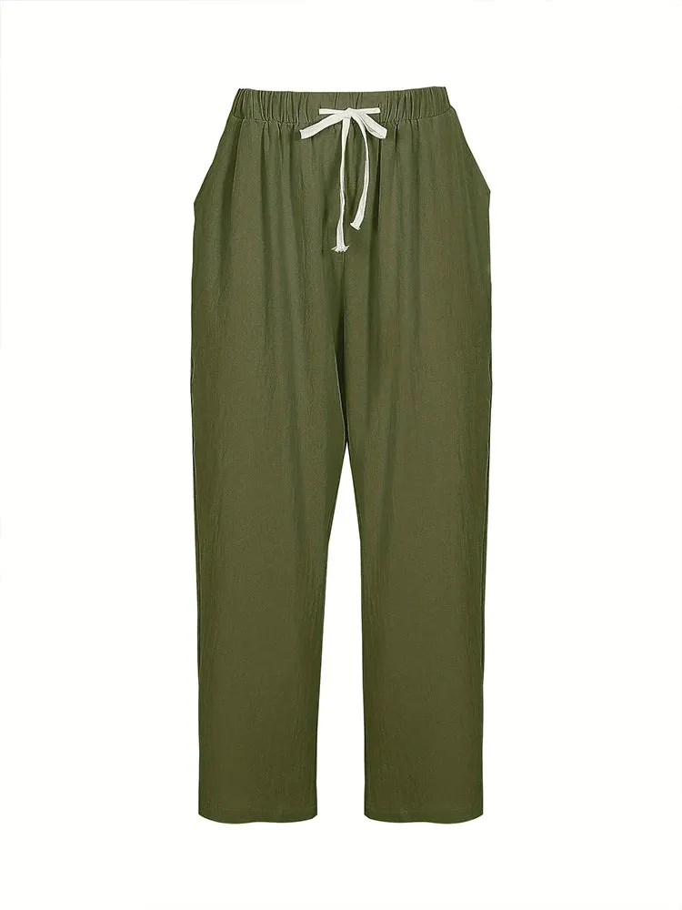 women's Plus Size With Pockets Women's Travel Pants Cotton Linen Nine Women's Casual Pants Casual Loose Solid Color Lace Up