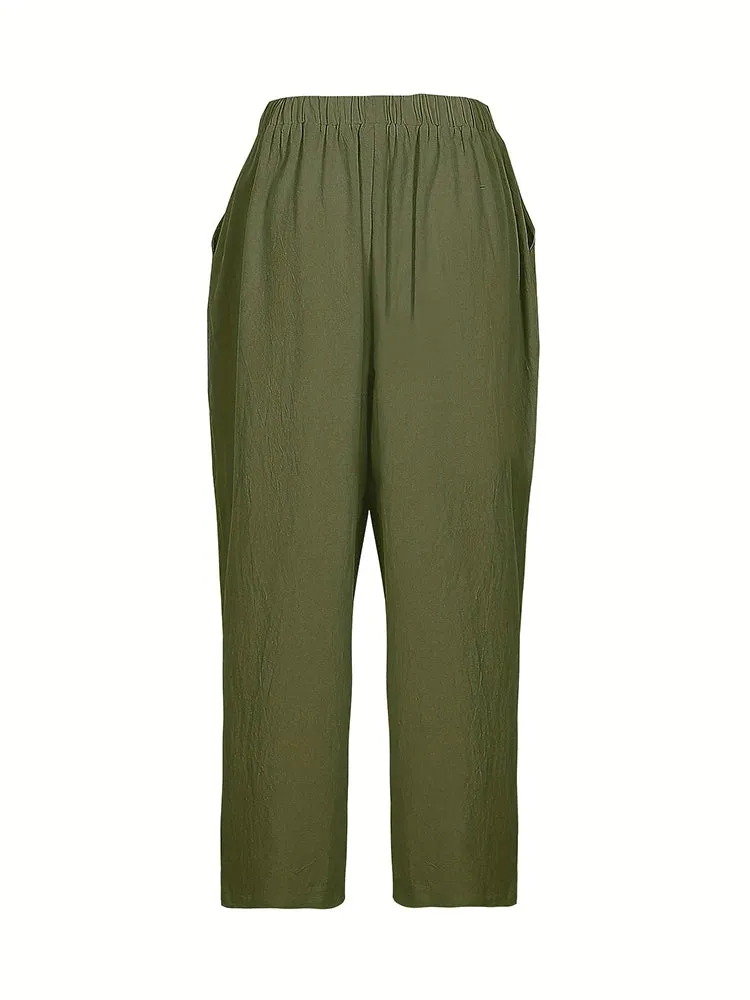 women's Plus Size With Pockets Women's Travel Pants Cotton Linen Nine Women's Casual Pants Casual Loose Solid Color Lace Up