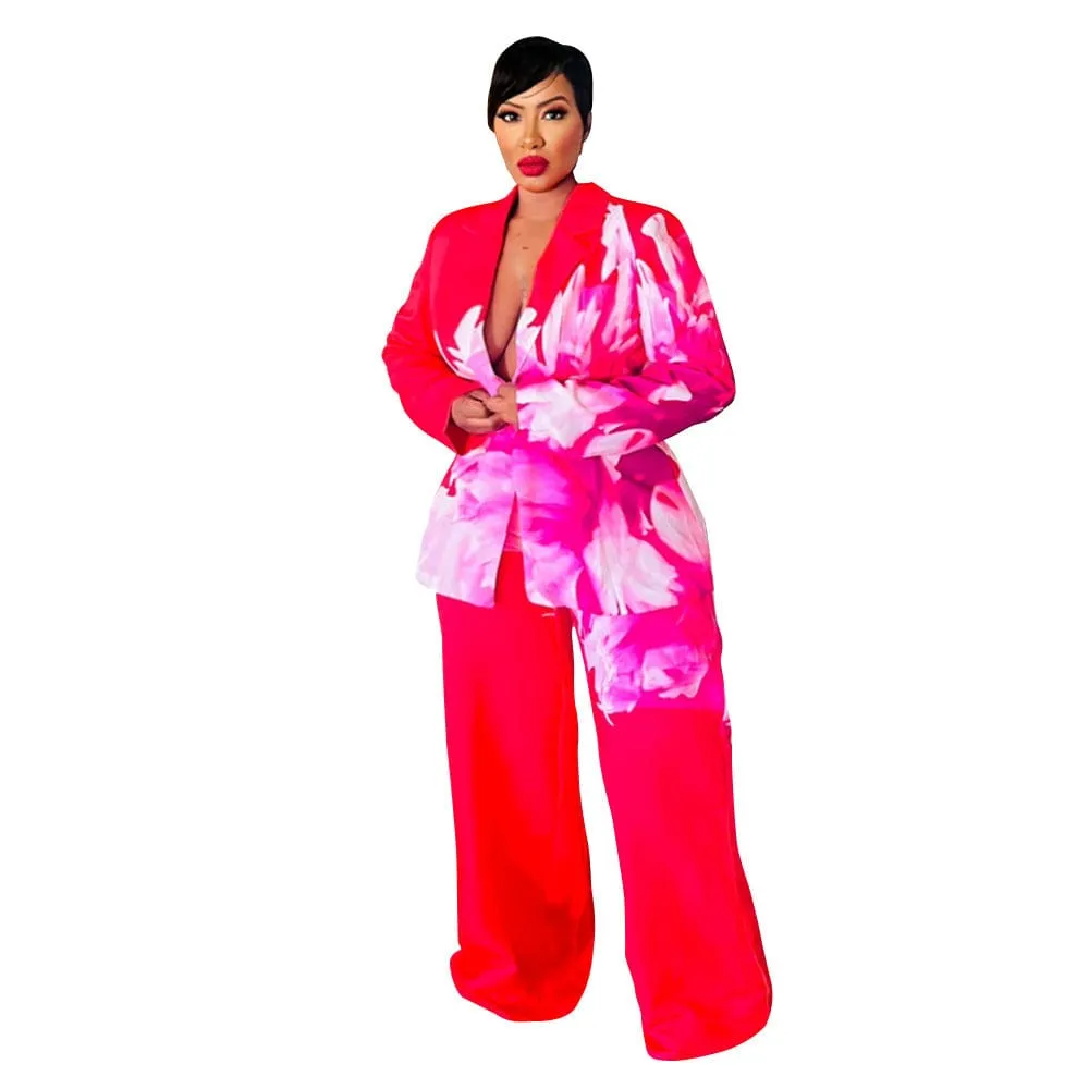 Women's Printed Coat Suit Casual Pants Suit