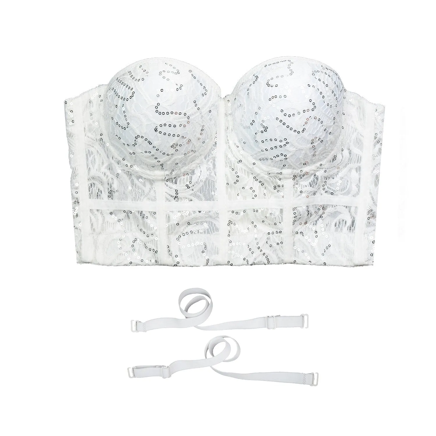 Women's Sequin Lace Bustier Crop Top Sexy Mesh Corset Vest White