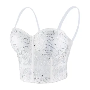 Women's Sequin Lace Bustier Crop Top Sexy Mesh Corset Vest White