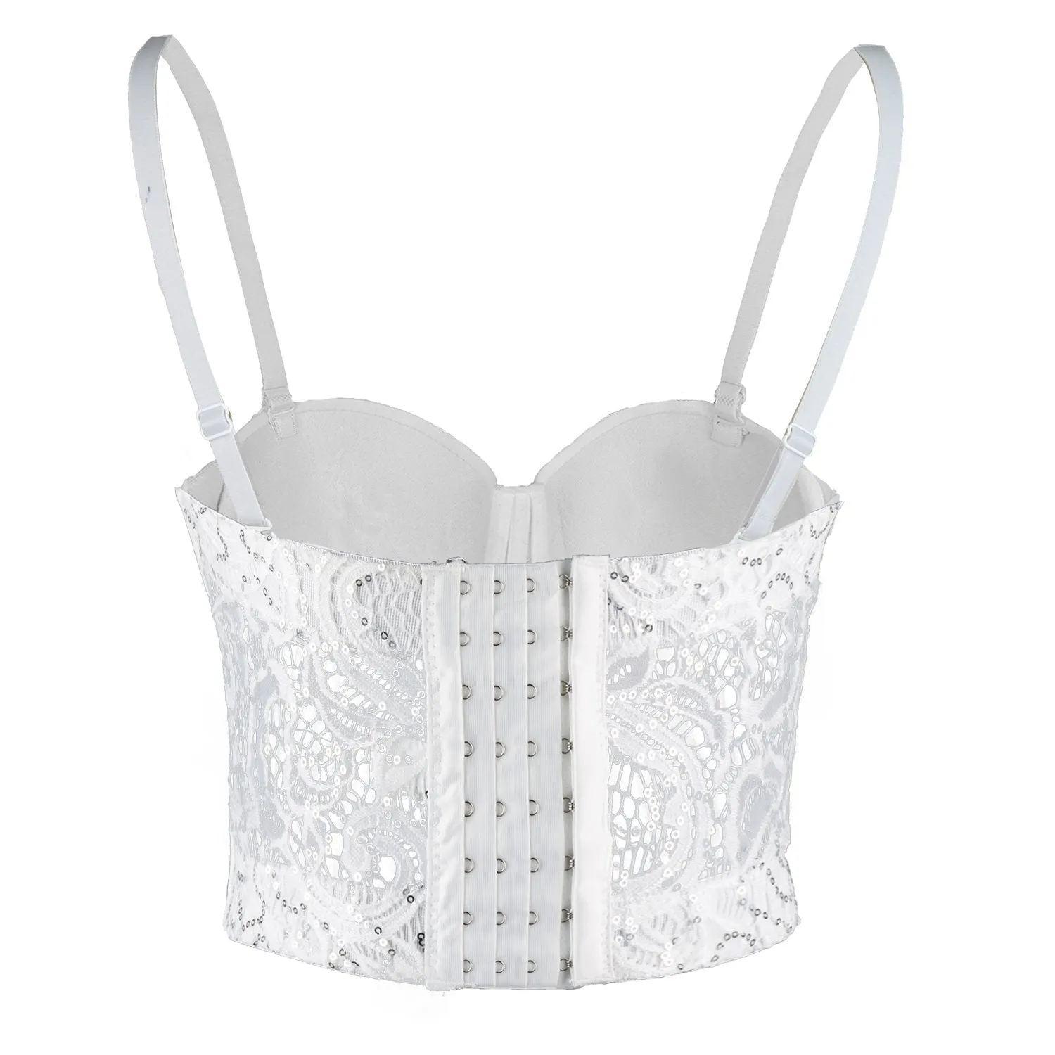 Women's Sequin Lace Bustier Crop Top Sexy Mesh Corset Vest White