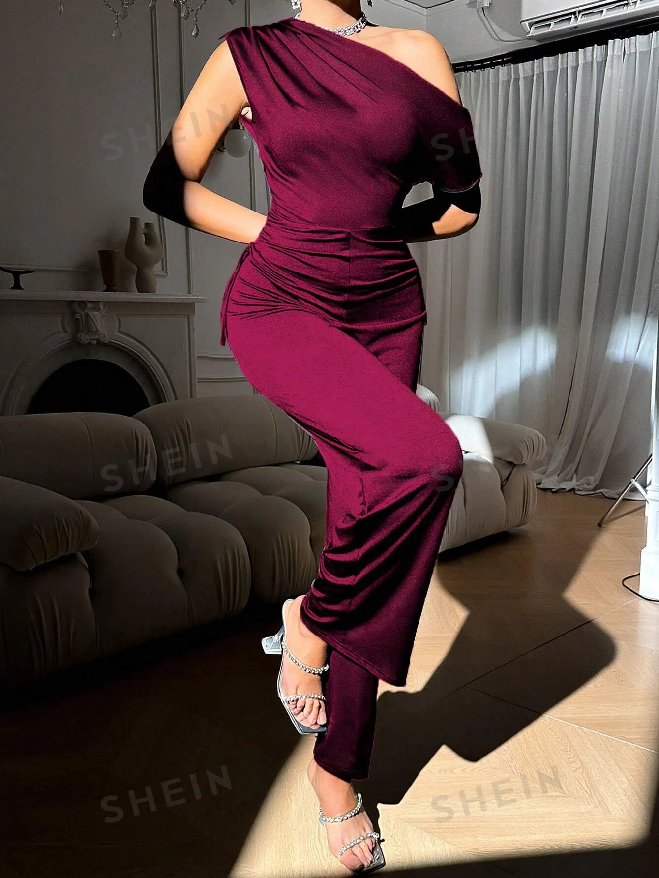Women's Solid Color Asymmetrical Neck Ruched Elegant Jumpsuit For Woman Sexy