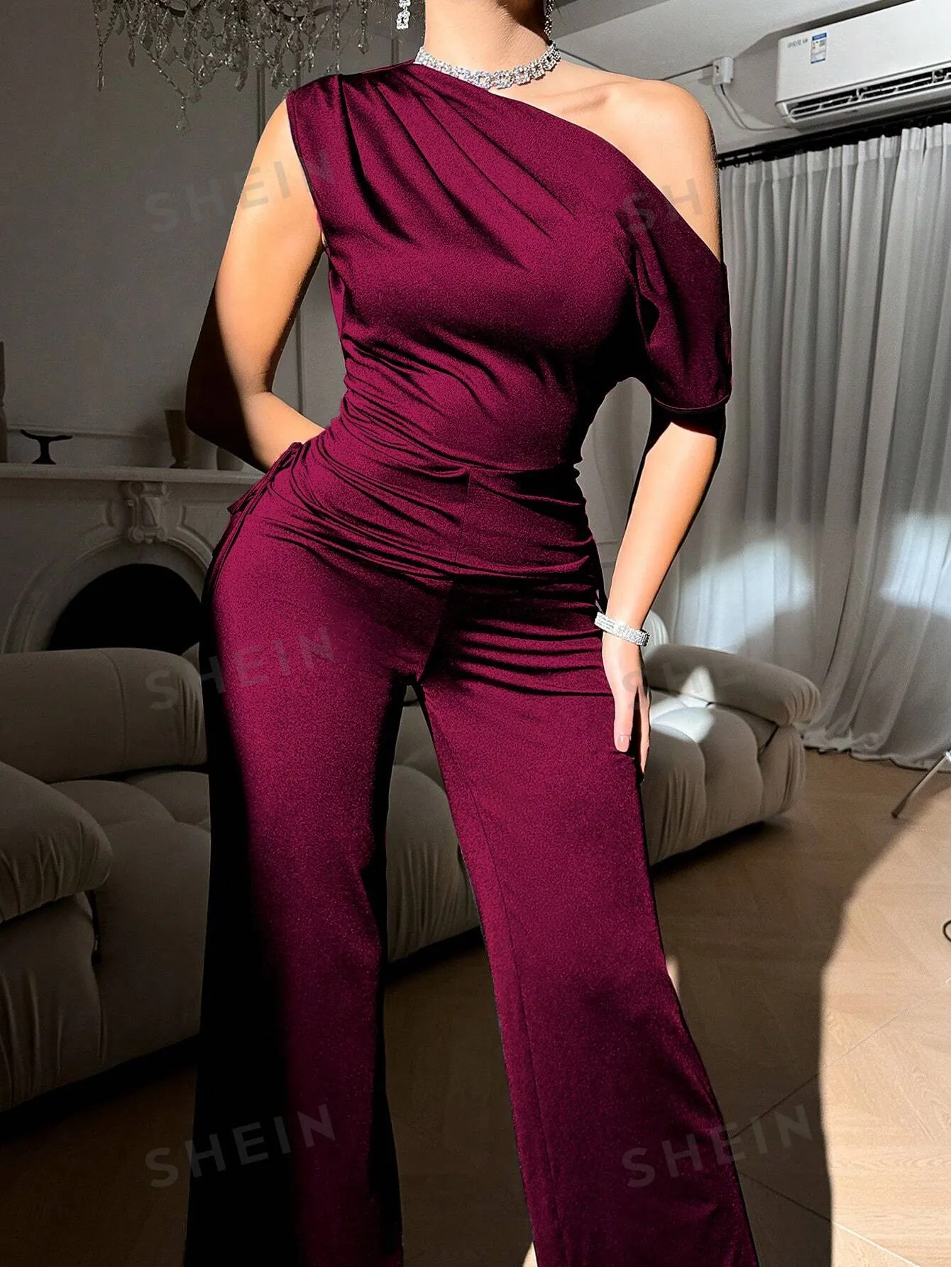 Women's Solid Color Asymmetrical Neck Ruched Elegant Jumpsuit For Woman Sexy