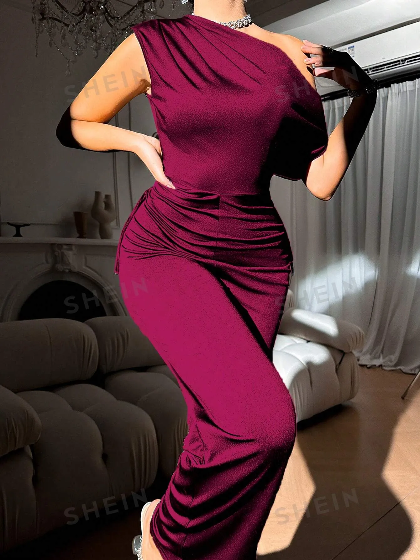 Women's Solid Color Asymmetrical Neck Ruched Elegant Jumpsuit For Woman Sexy