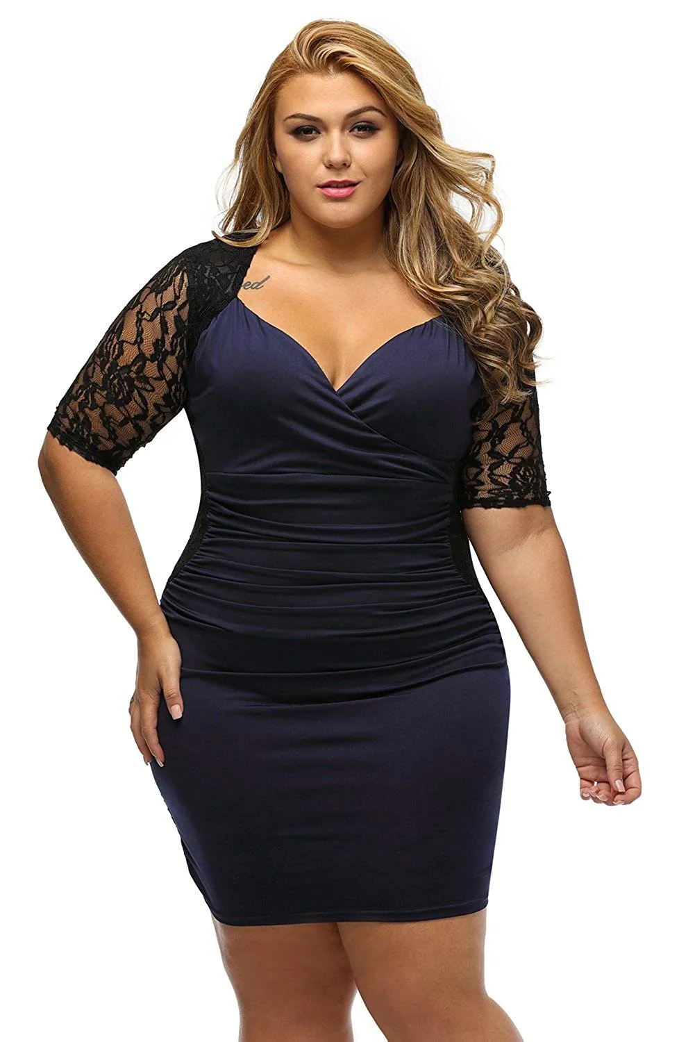 Women's V Neck Half Sleeve Ruched Lace Illusion Plus Size Night Out Cocktail Sexy Dresses
