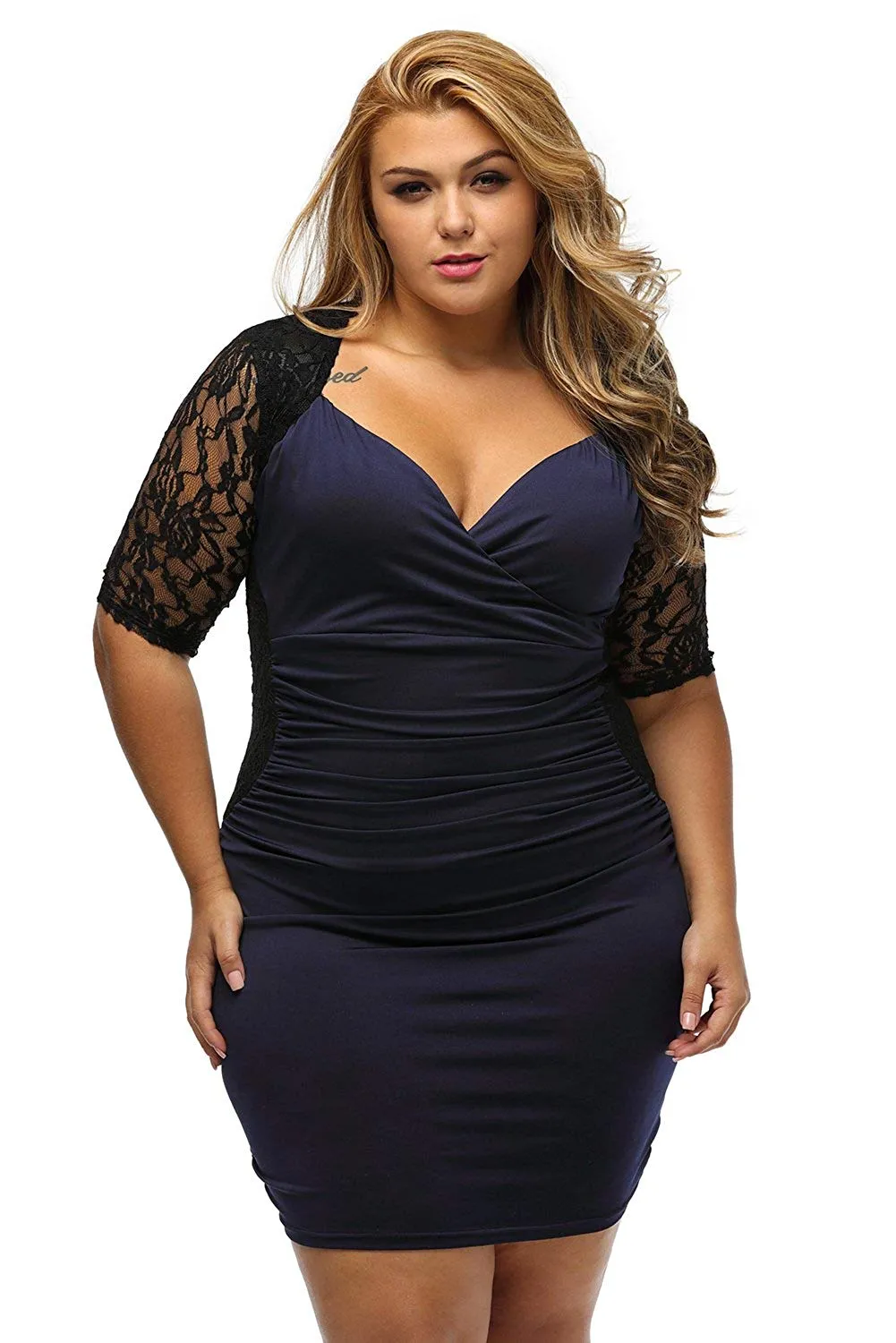 Women's V Neck Half Sleeve Ruched Lace Illusion Plus Size Night Out Cocktail Sexy Dresses