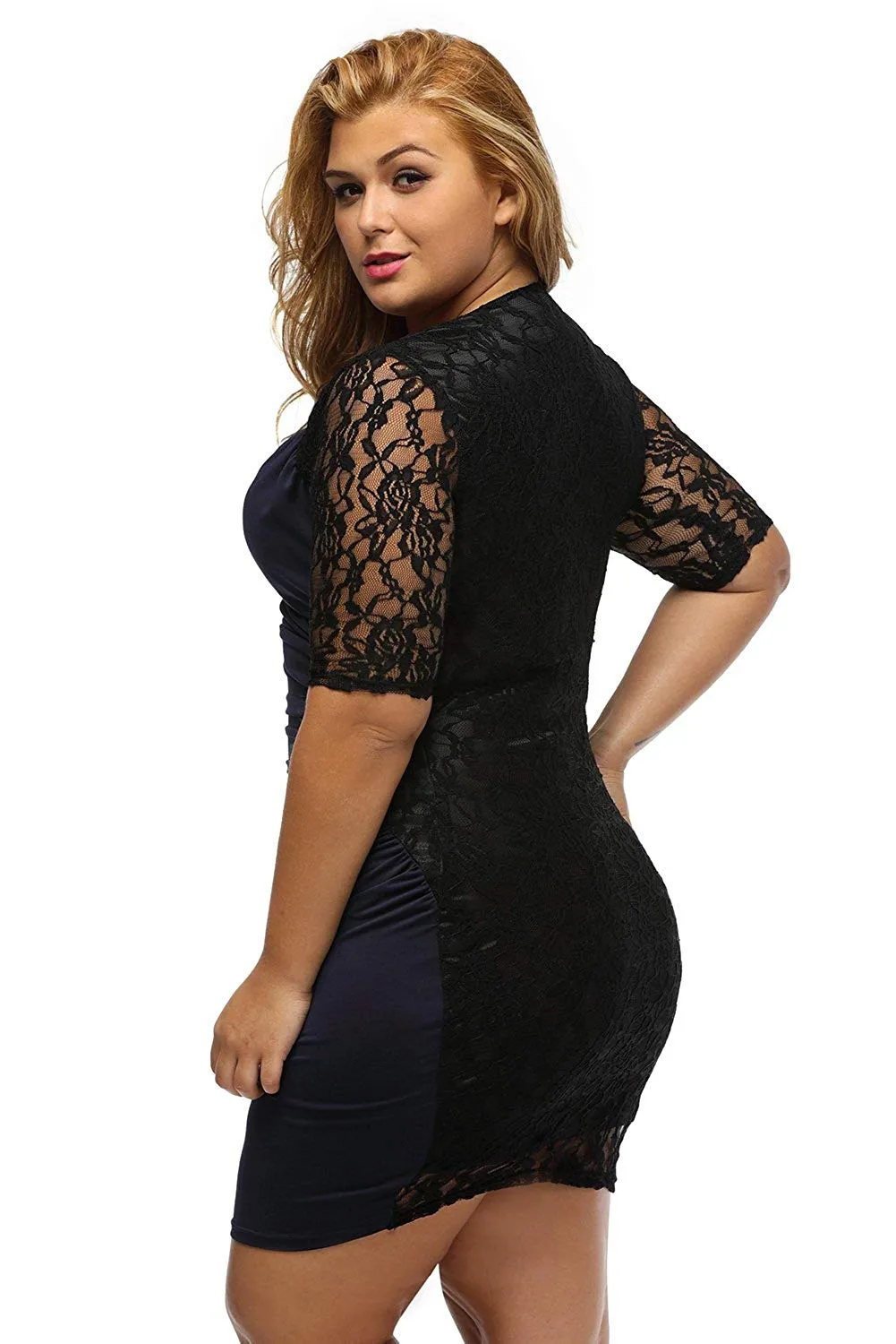 Women's V Neck Half Sleeve Ruched Lace Illusion Plus Size Night Out Cocktail Sexy Dresses